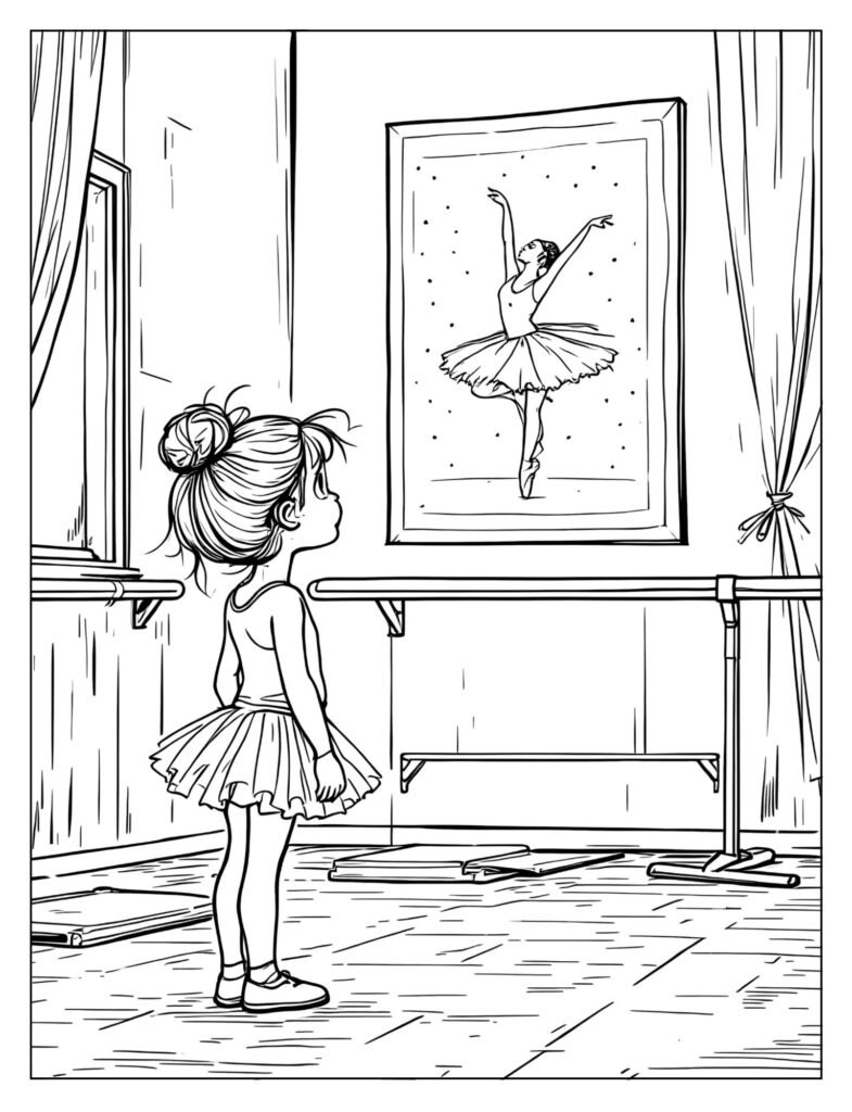 Young girl dreaming of prima ballerina coloring page