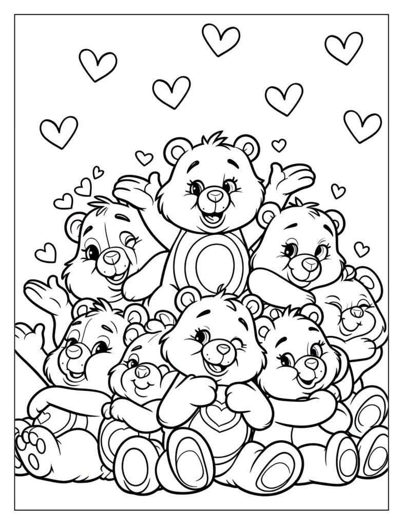 An outline illustration of small, charming Care Bears embarking on a fun, whimsical adventure, ready for coloring.