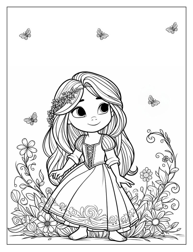 A line art drawing of a young Rapunzel marveling at or showing off her surprisingly long hair, perfect for coloring.