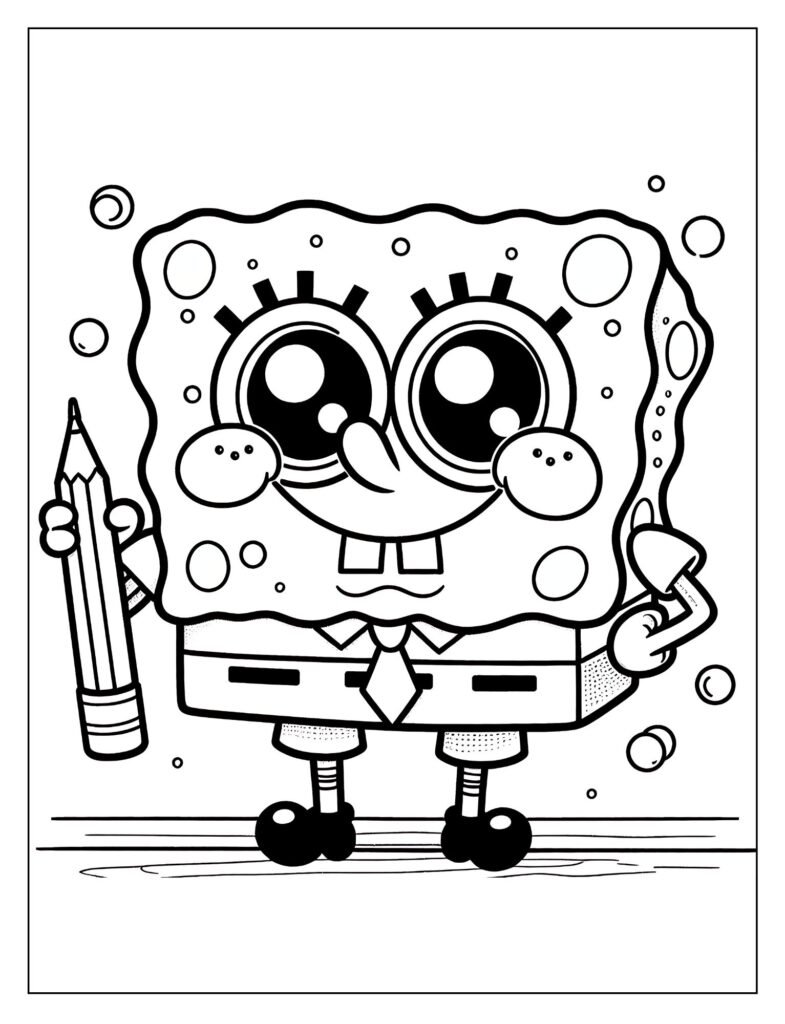 An outline illustration of a younger, 'baby' SpongeBob playing with toys or in a playful setting, ready for coloring.