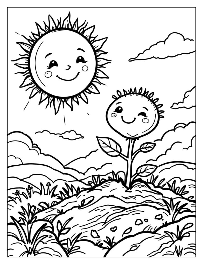 A tiny, happy sprout bursting out of the ground being encouraged by a large, smiling sun.