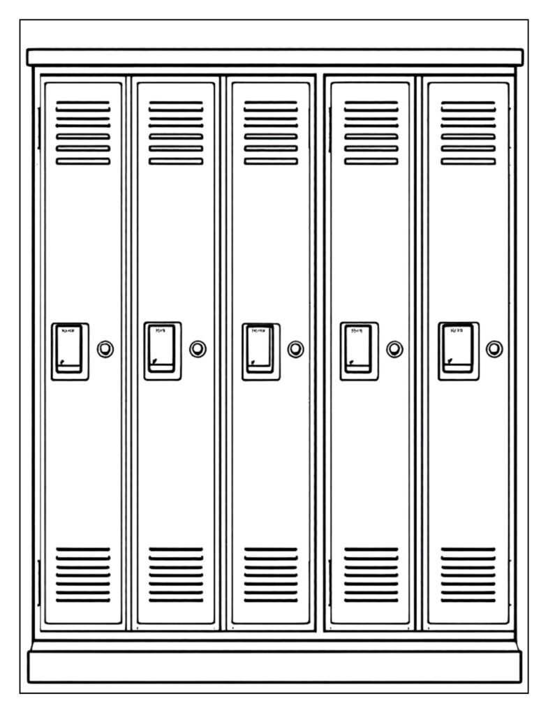 A line art drawing of a school locker, possibly with a backpack inside, ready for coloring.