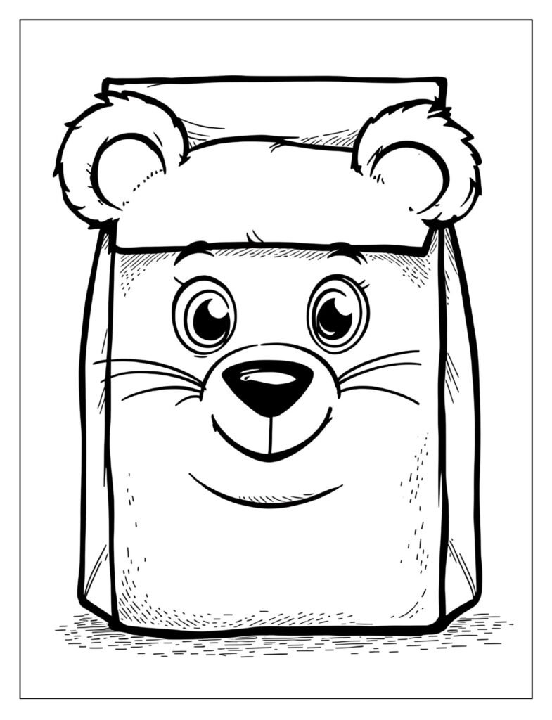 A cat or bear face drawn on a lunch bag.
