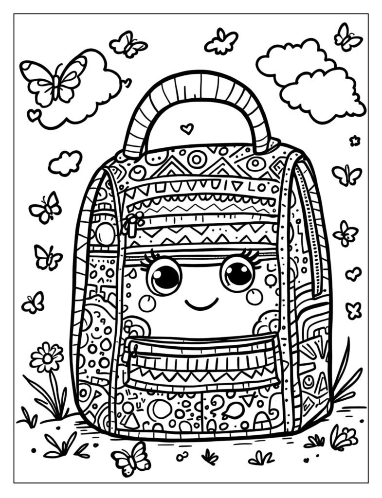 A lunch bag covered in doodles and patterns.