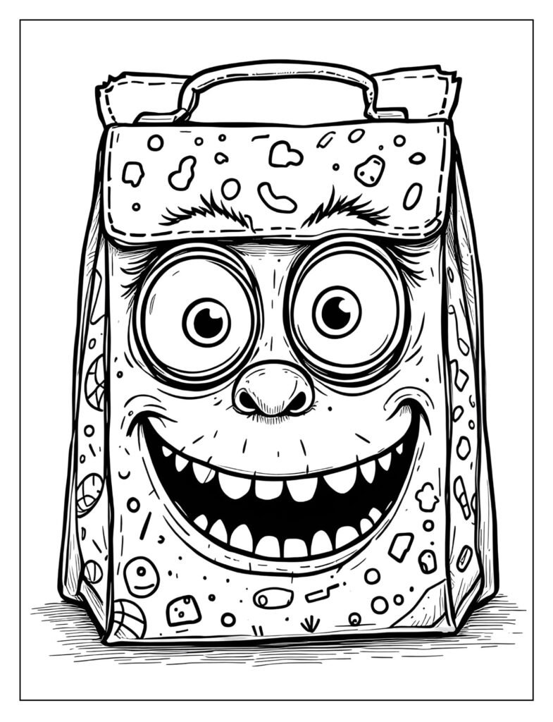 A funny monster face drawn on a lunch bag.


