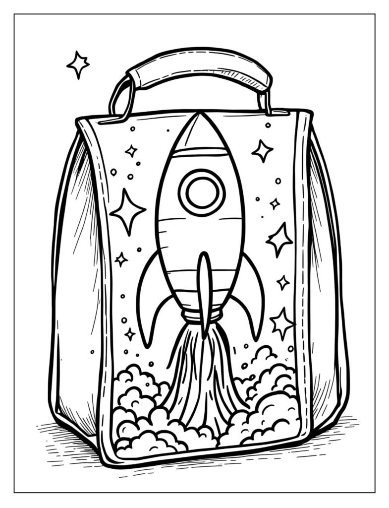 A space rocket with flames drawn on a lunch bag.

