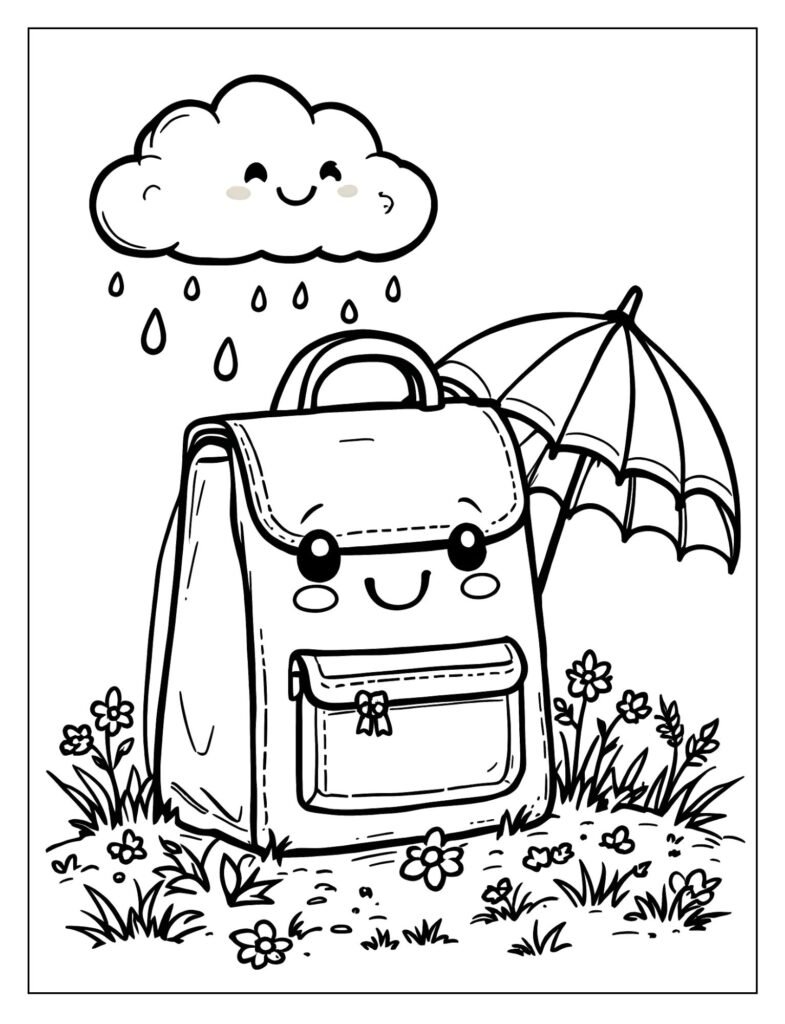 A lunch bag with a cloud and an umbrella drawn on it.