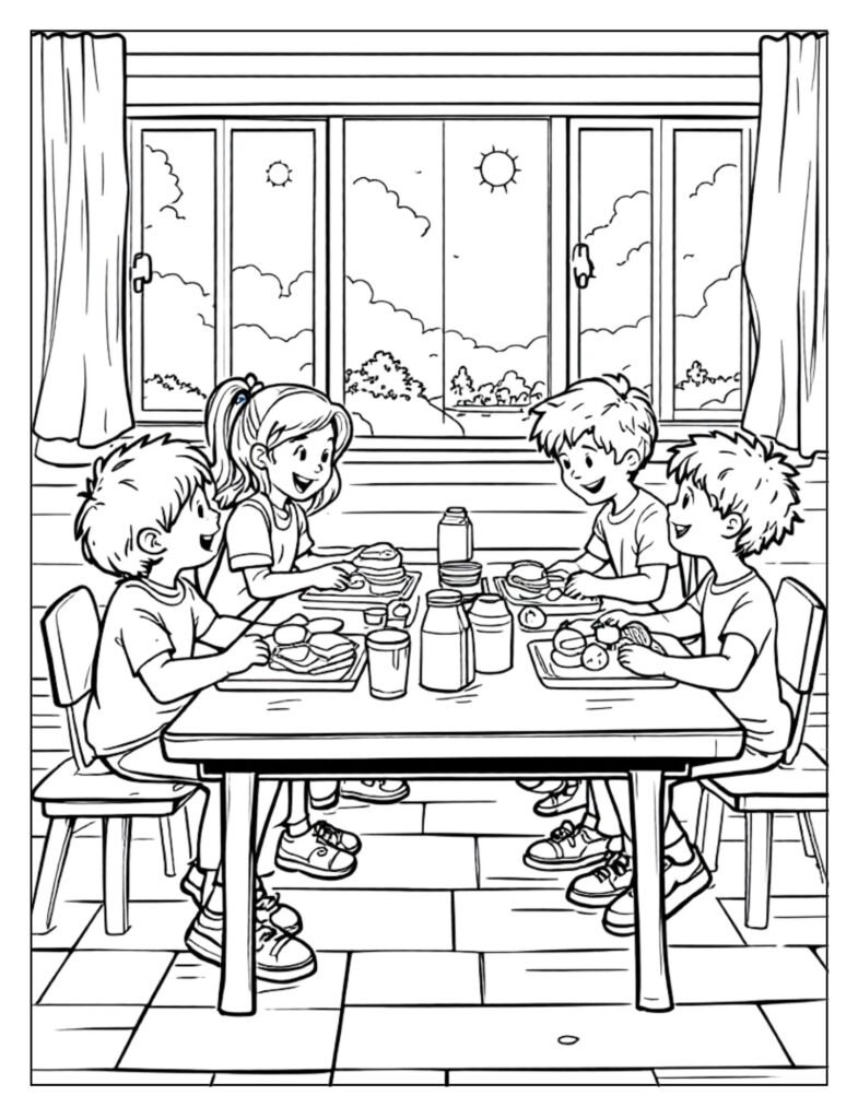 A line art drawing of a school lunchroom with tables and chairs, possibly with empty trays, ready for coloring.