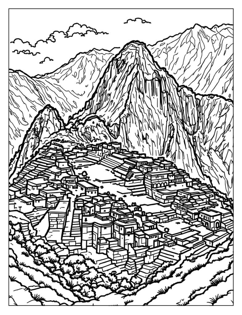 A detailed drawing of the ancient city of Machu Picchu with stone terraces and green mountains.