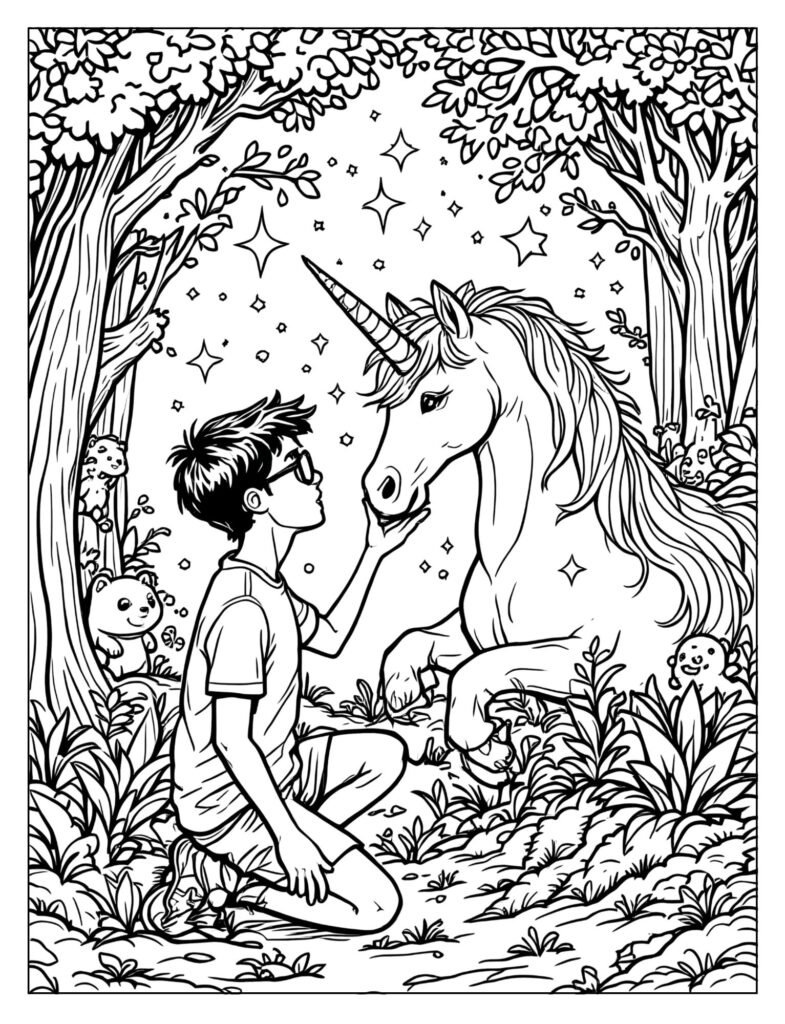 Student and unicorn magical bonding touching foreheads coloring page