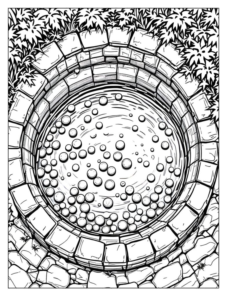 Surface of a pond in a wishing well, showing many simple, round coins scattered at the bottom.