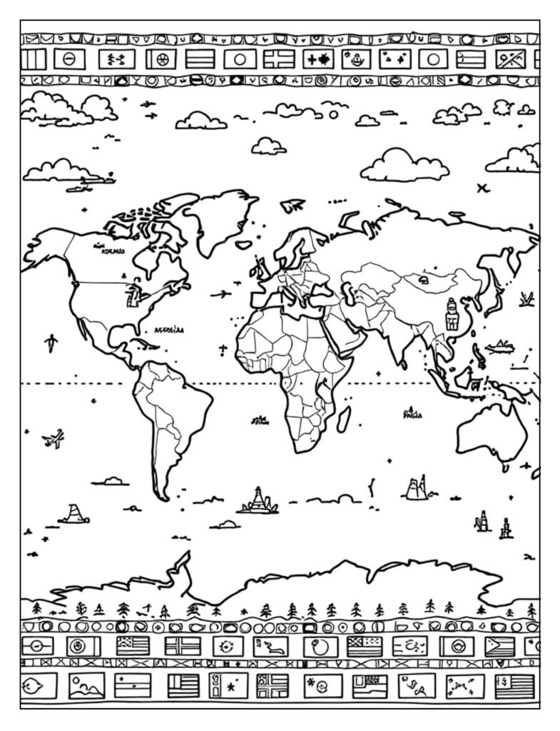 A line art drawing of a world map, ready for coloring.
