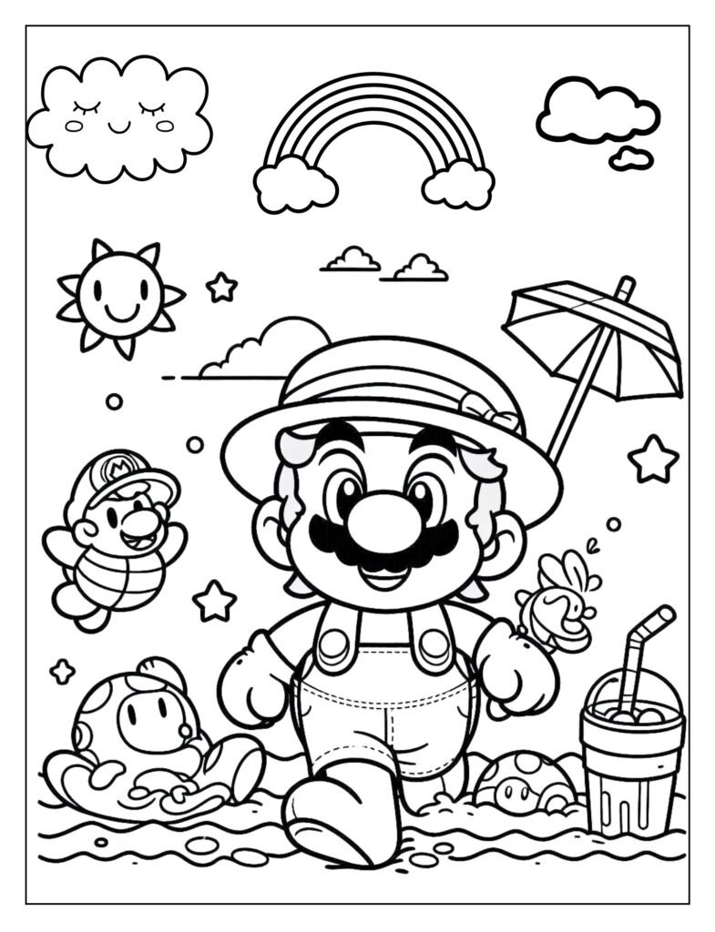 A line art drawing of Mario swimming underwater, possibly with Cheep Cheeps or Bloopers, ready for coloring.