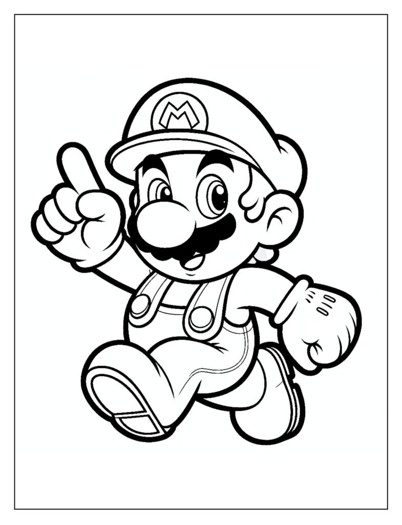 An outline illustration of Mario in a silly or exaggerated pose, designed for coloring.