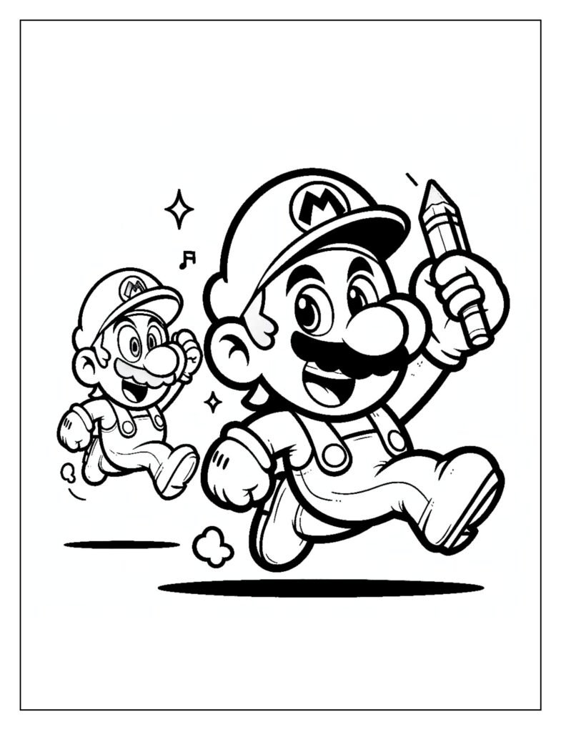 A line art drawing possibly depicting Mario holding an item or gripping something, emphasizing his hands, ready for coloring.