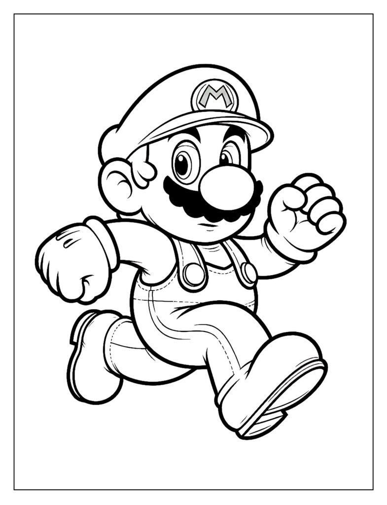  A black and white illustration of Mario in a joyful pose, perhaps with stars or confetti, designed for coloring.