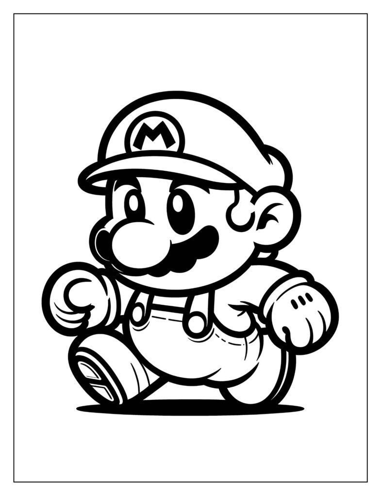 A line art drawing of Mario on a happy journey, possibly in a kart or flying, designed for coloring.