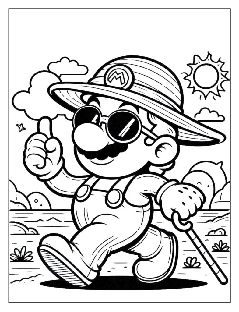 A line art illustration of Mario performing a joyful flip or jump, designed for coloring.