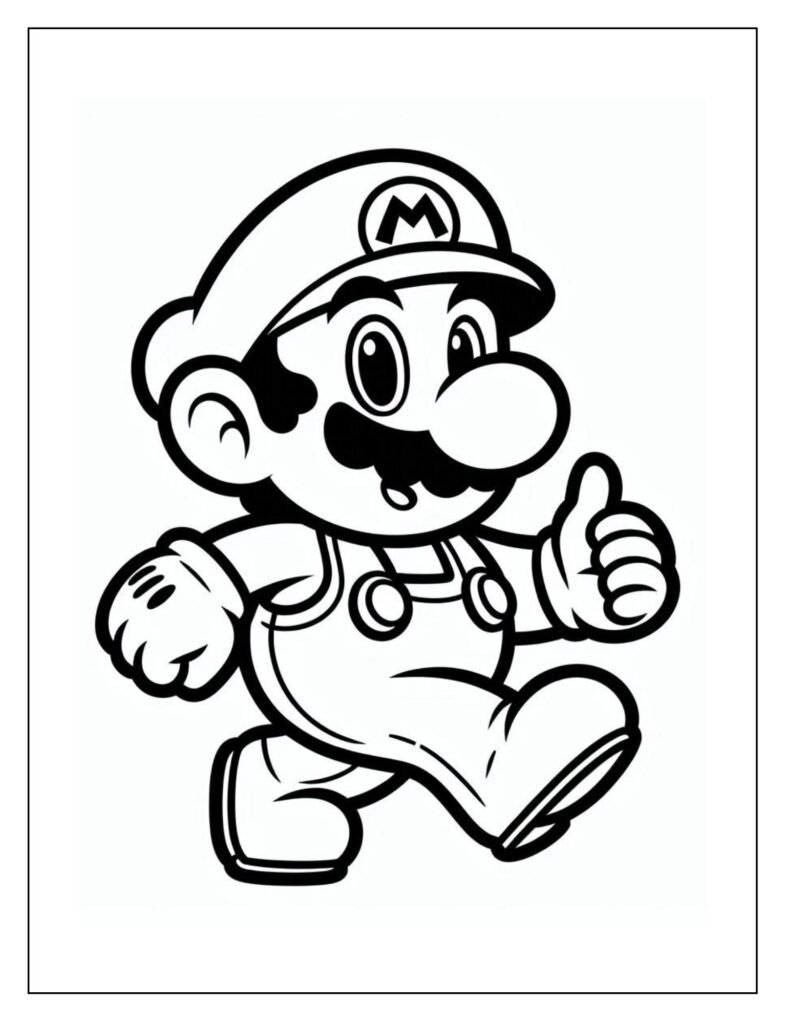 An outline drawing of Mario surrounded by or interacting with magical power-ups, ready for coloring.