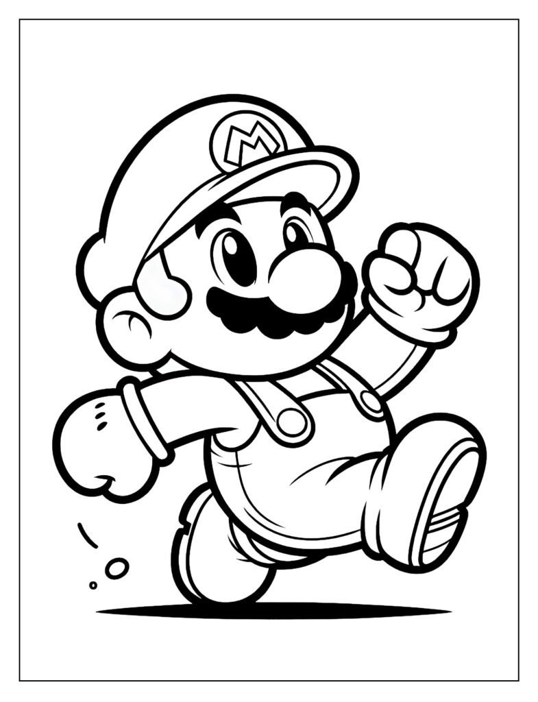 A black and white illustration showcasing various Mario power-ups like a Super Mushroom, Fire Flower, or Super Star, ready for coloring.