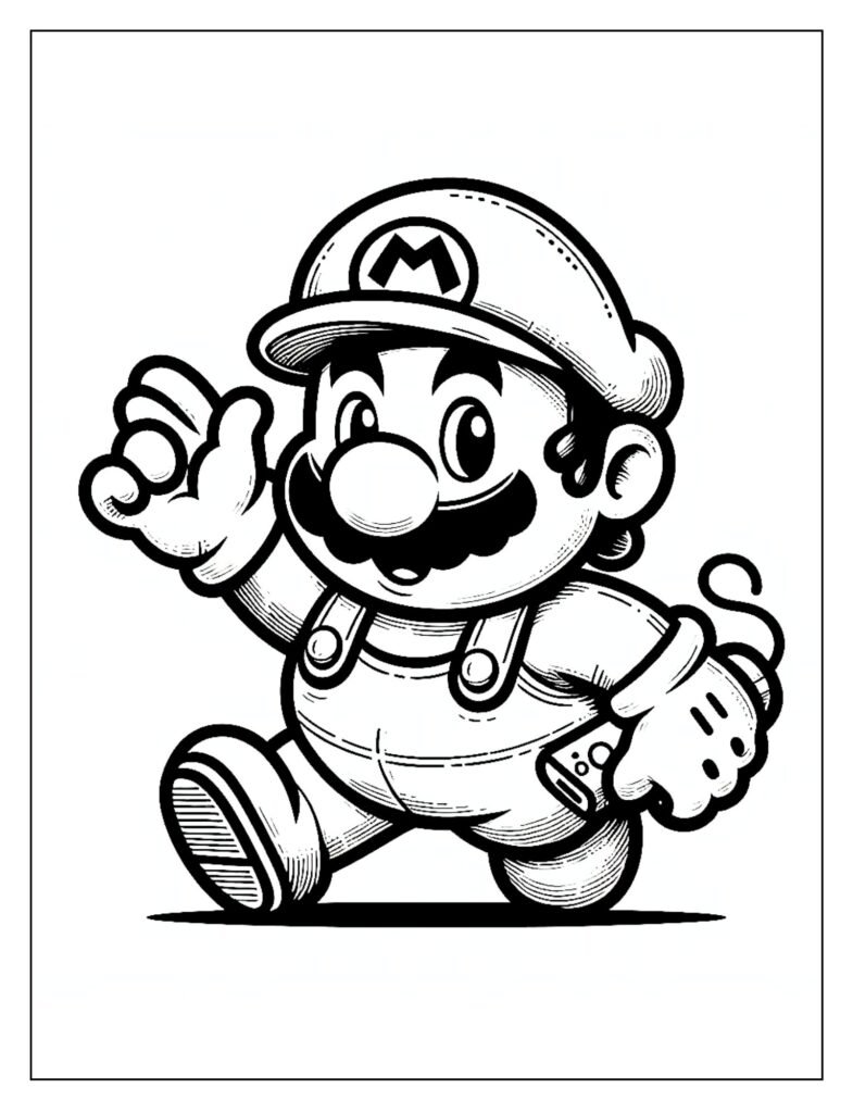 An outline illustration capturing Mario in mid-air during a powerful, high leap, designed for coloring.