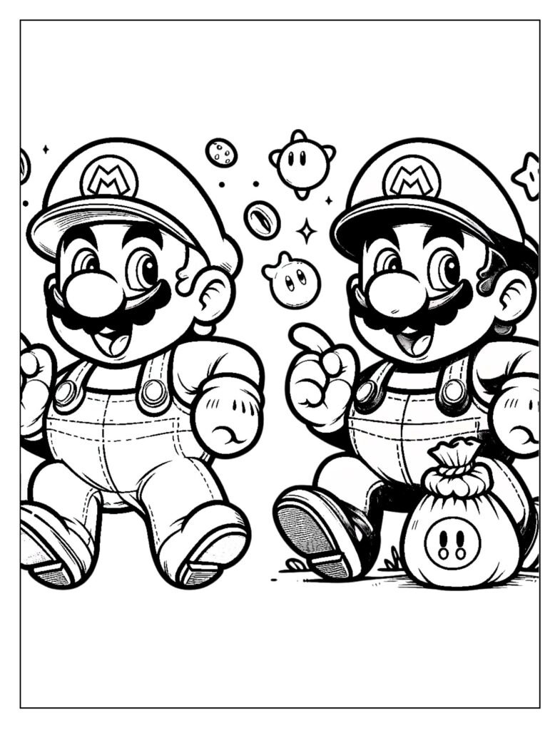 A black and white drawing depicting a landscape or scene from the Super Mario video game world, ready for coloring.
