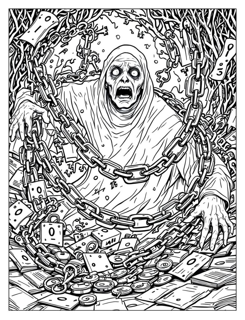 Dramatic drawing of Jacob Marley's Ghost appearing to Scrooge, featuring his ghostly face and heavy chains.

