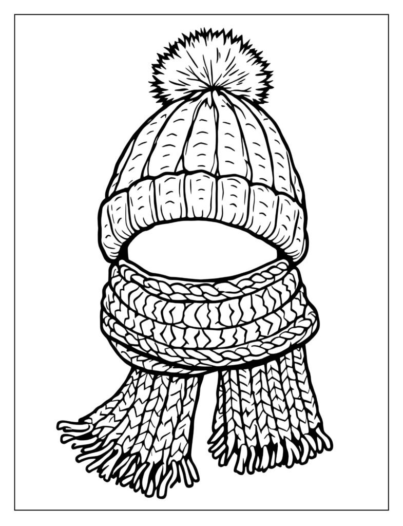 Knit hat with a small pom-pom shown next to a matching thick knit scarf.

