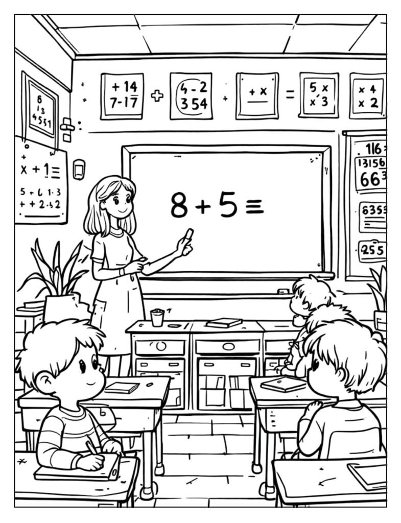 An outline drawing of a math classroom with numbers, shapes, and perhaps a chalkboard with equations, ready for coloring.