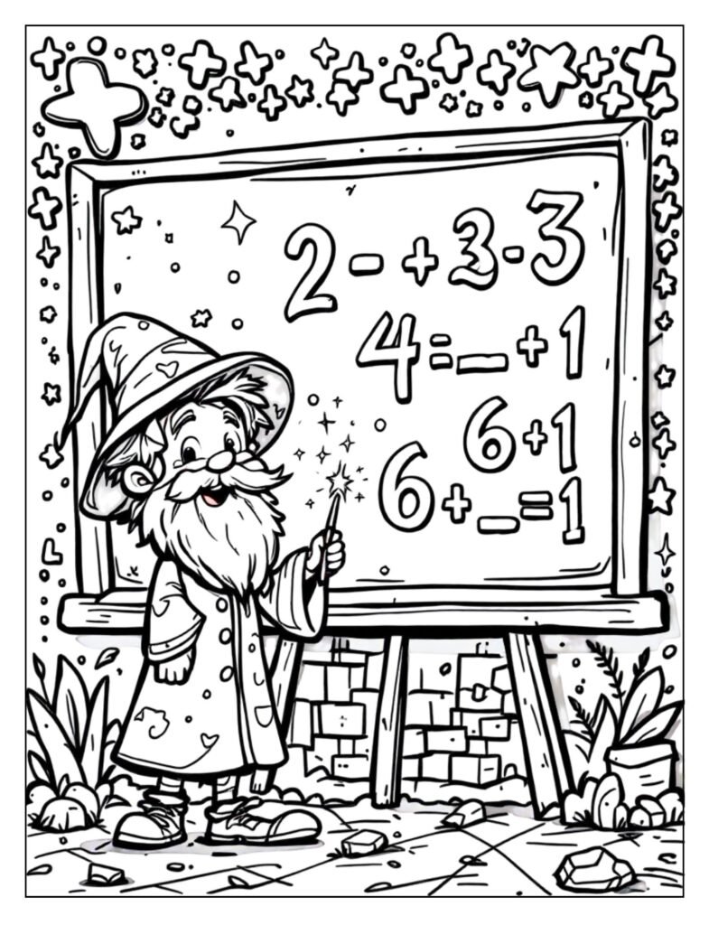 A black and white illustration of a chalkboard or notebook page with a clear outline of a math equation, ready for coloring.