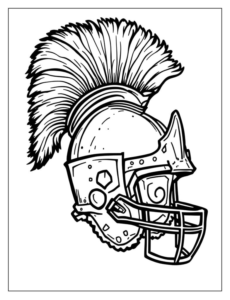 Whimsical drawing of a football helmet decorated to look like a medieval knight's helmet with a plume on top.
