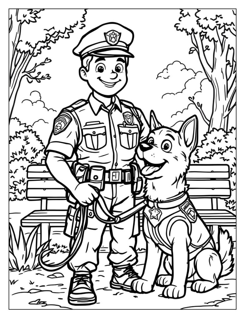 A police officer standing next to a friendly police dog (K9) on a leash.