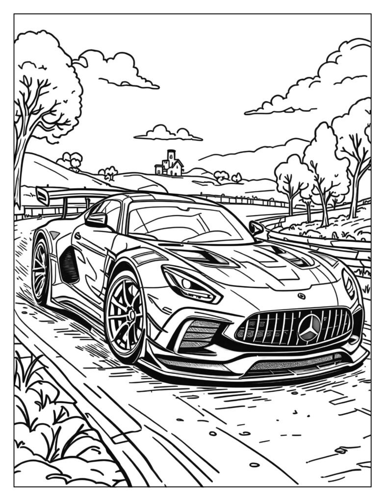 Extreme, flared drawing of a Mercedes-AMG Black Series model with massive wings and aggressive vents.