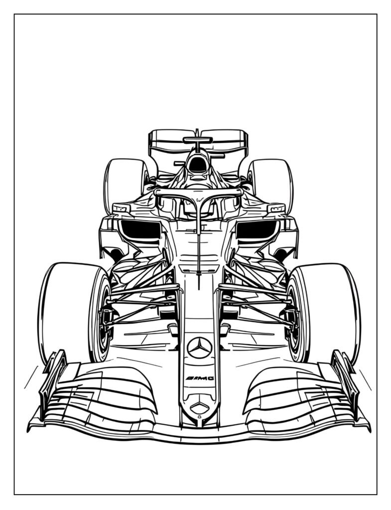 Sleek, low drawing of a modern Mercedes-AMG Formula 1 race car with complex aerodynamic wings.