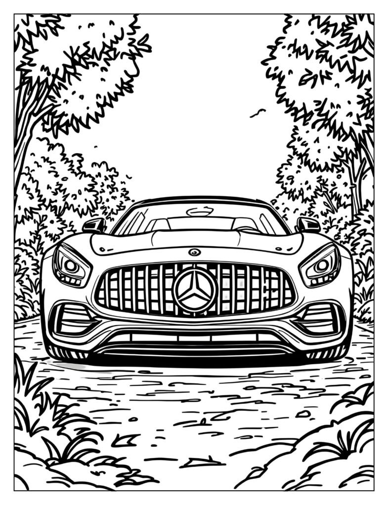 Low-angle drawing of the powerful Mercedes-AMG GT sports coupe with its long hood and aggressive vertical-slat grille.