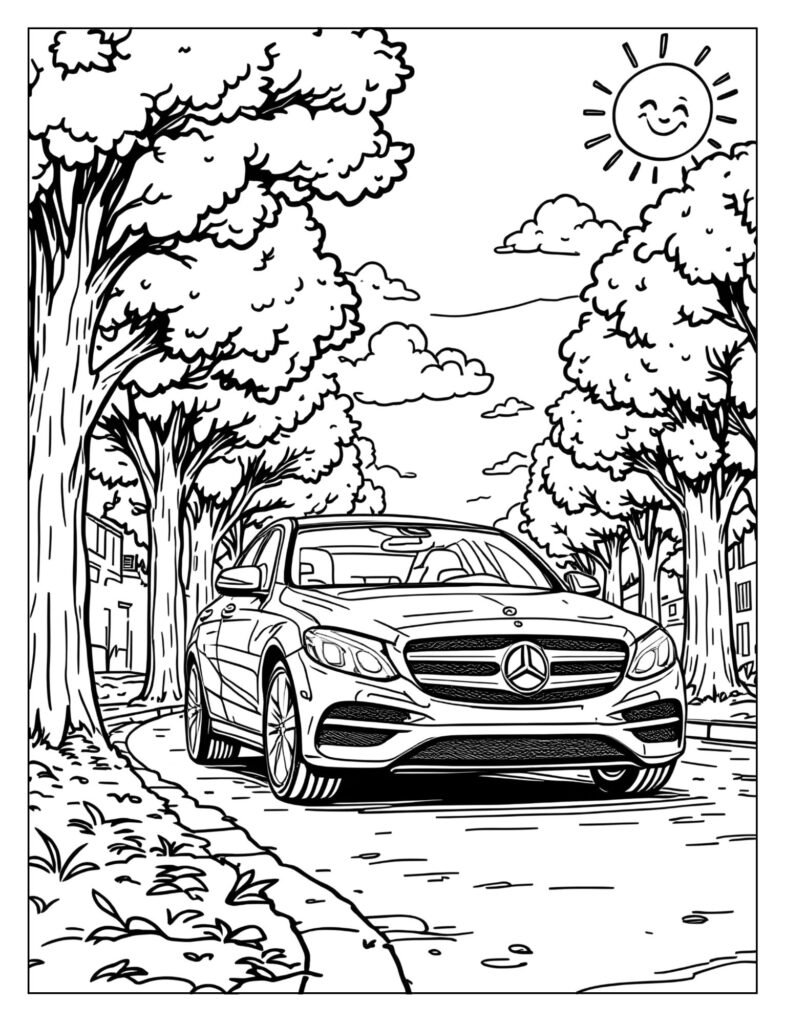 Simple, elegant drawing of the Mercedes-Benz C-Class sedan driving through a sunny, tree-lined street.

