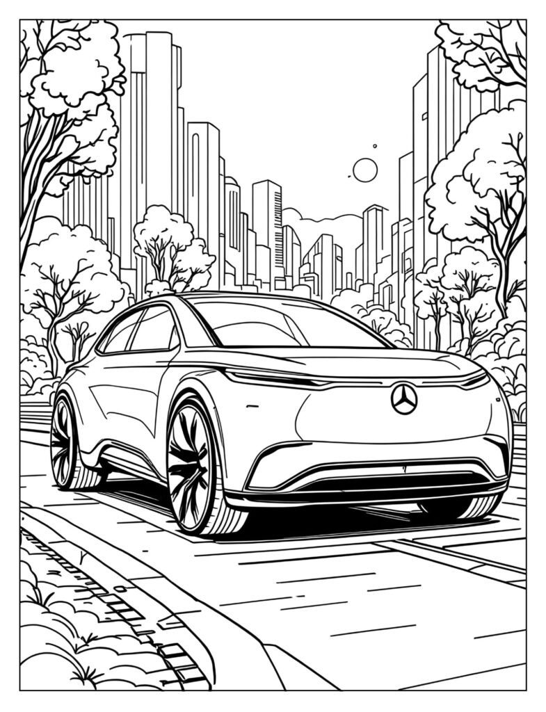 Futuristic drawing of a Mercedes-Benz EQ electric vehicle with a smooth, aerodynamic single-arch shape.