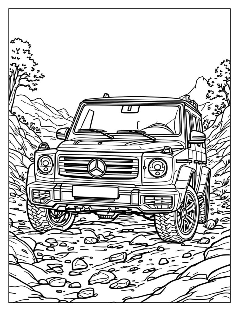 Drawing of the iconic, boxy Mercedes-Benz G-Class (G-Wagen) SUV parked on a rough, off-road surface.