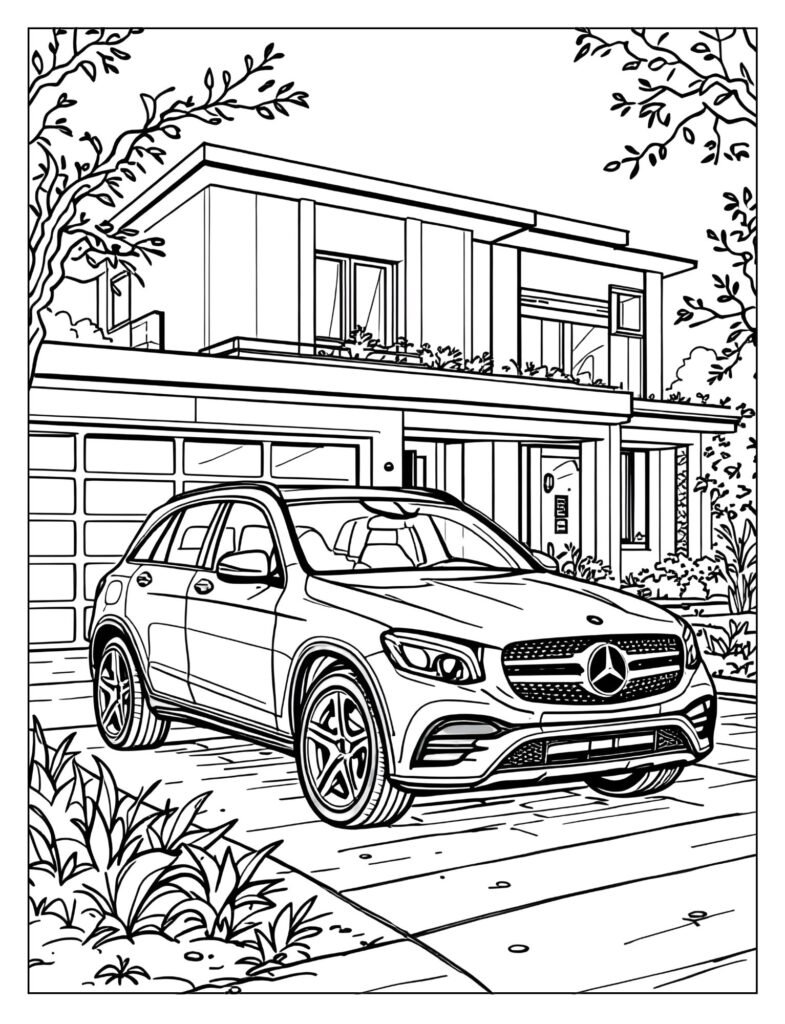 Three-quarter view of the versatile Mercedes-Benz GLC compact SUV parked near a modern home.