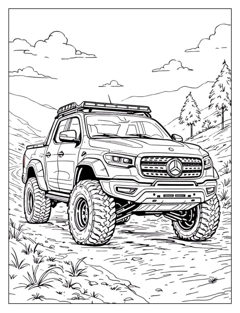 Rugged drawing of a Mercedes-Benz X-Class pickup truck with high ground clearance.