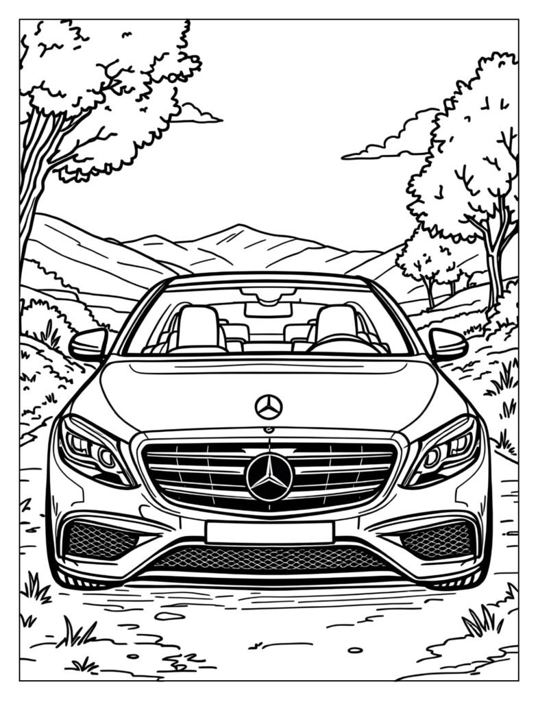 Drawing of the modern Mercedes-Benz S-Class executive luxury sedan with its long, smooth profile.