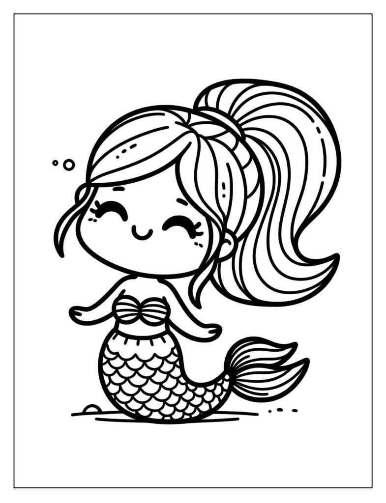 A playful mermaid blowing bubbles or interacting with a stream of bubbles.