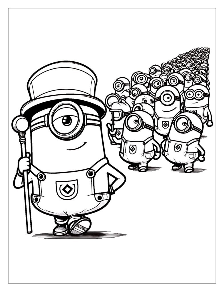  A line art drawing depicting several Minions gathered together, perhaps interacting or posing as a group, ready for coloring.