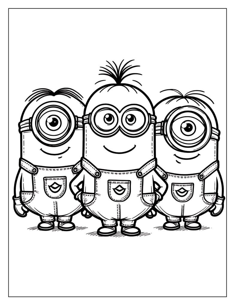 A black and white outline drawing showing several Minions Coloring Page engaged in a mischievous or playful act, ready for coloring.
