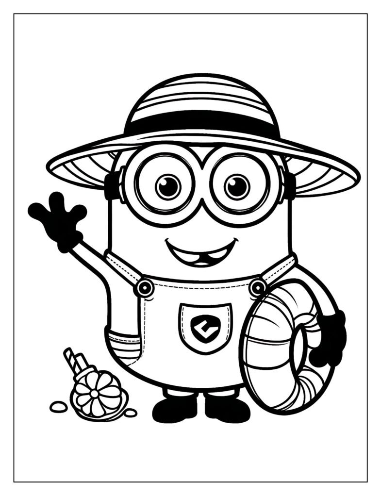 A black and white drawing of a Minion looking determined, as if on a secret or important mission, ready for coloring.