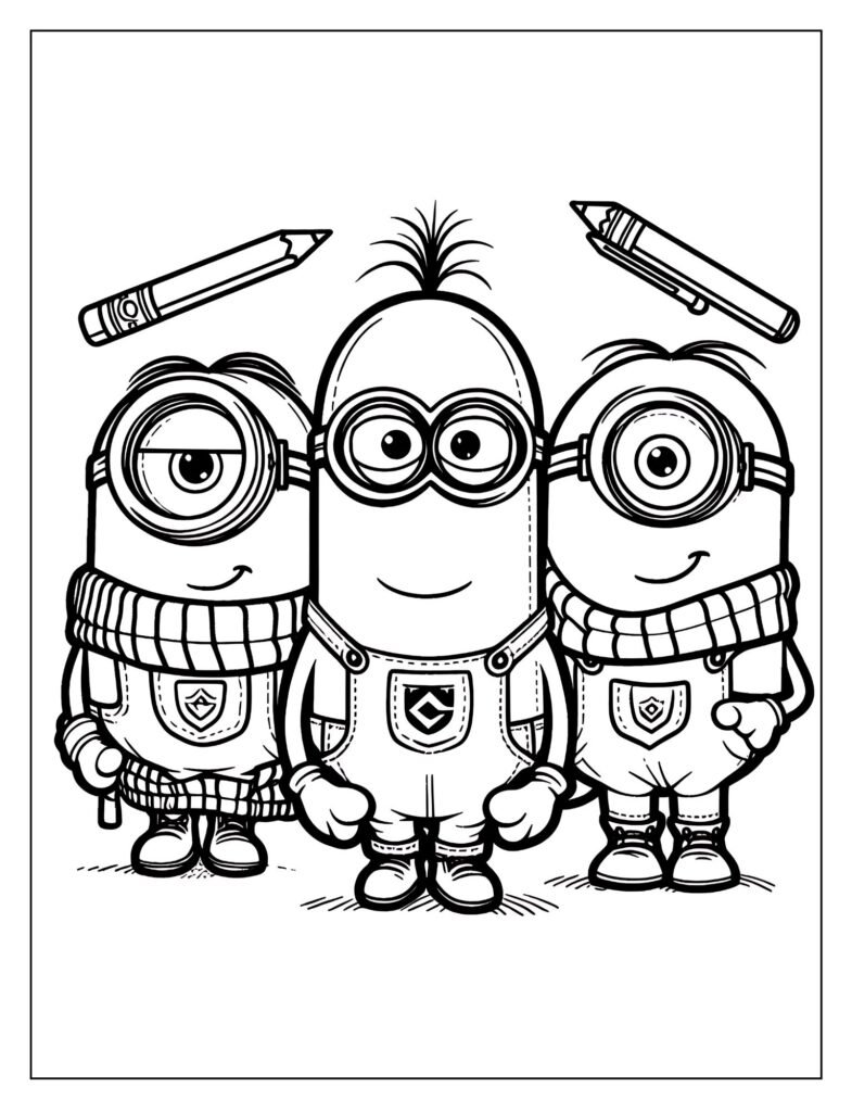 An outline drawing depicting a Minion in a humorous or chaotic situation, reflecting a 'crazy' day, ready for coloring.