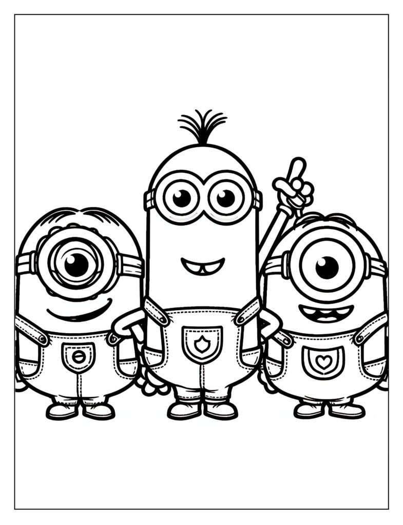 An outline drawing highlighting a Minion's large, goggled eyes and their various expressions, ready for coloring.

