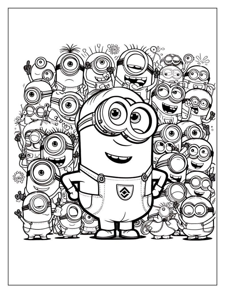 A black and white illustration of a group of Minions smiling and appearing happy together, designed for coloring.

