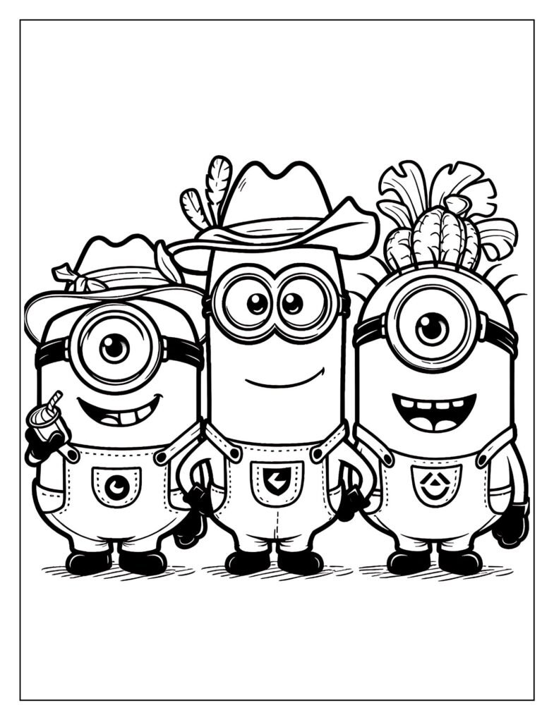 An outline illustration of Minions in a fantastical or magical setting, possibly with whimsical elements, ready for coloring.