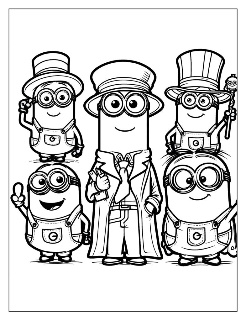 A line art illustration focusing on a Minion's face with a wide-eyed, surprised expression, designed for coloring.